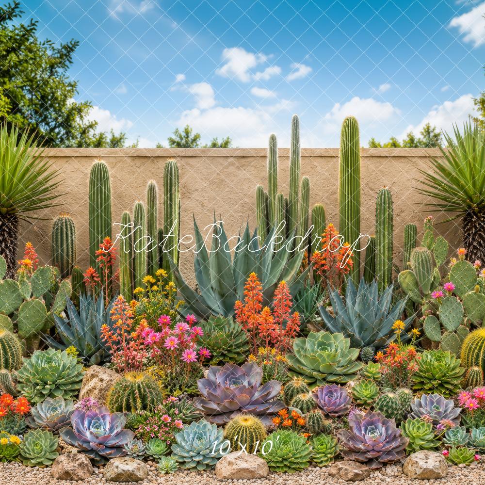 Kate Outdoor Cactus Succulent Garden Stone Wall Printed Backdrop Designed by Megan Leigh Photography