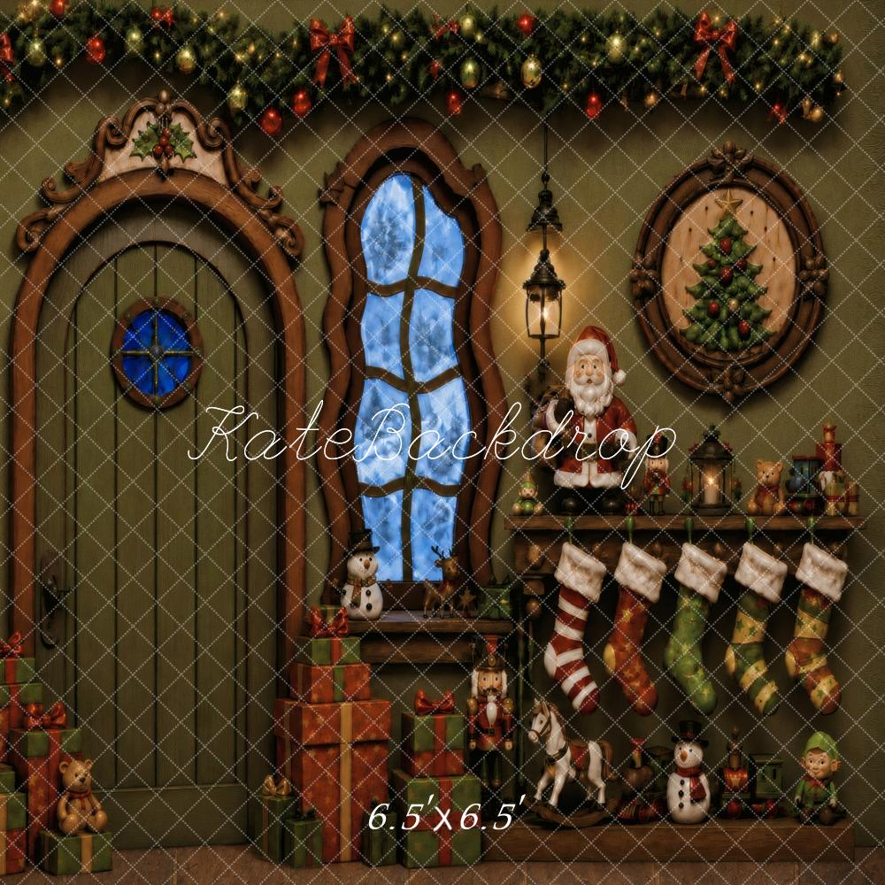 Kate Christmas Fantasy Green Fireplace Stockings Santa Gifts Printed Backdrop Designed by Vertigo Productions