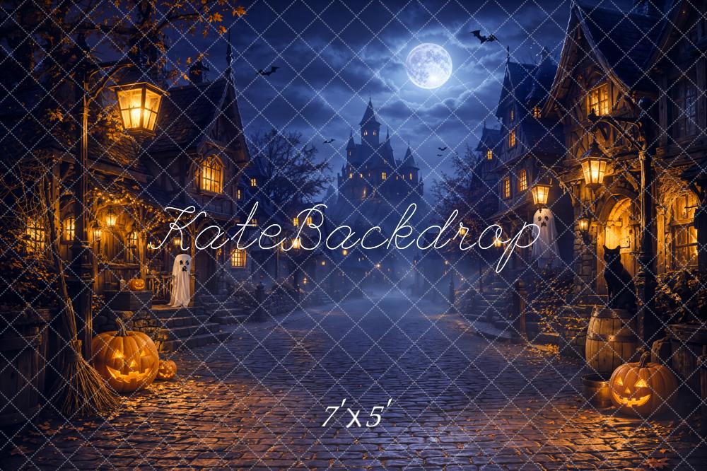 Kate Halloween Night Blue Moonlit Haunted Village Jack-O-Lanterns Printed Backdrop Designed by Chain Photography