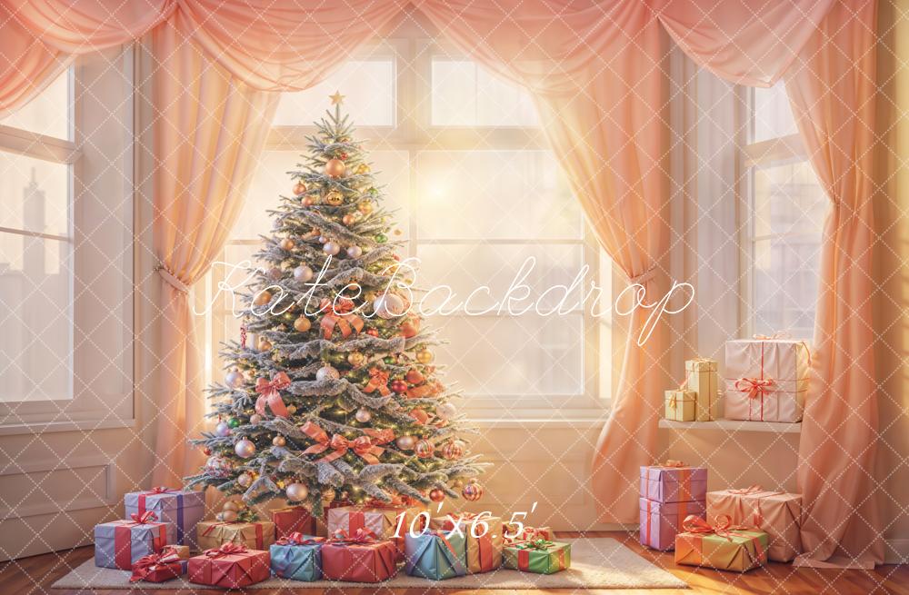 Kate Christmas Tree Pink Curtain White Window Printed Backdrop Designed by Emetselch