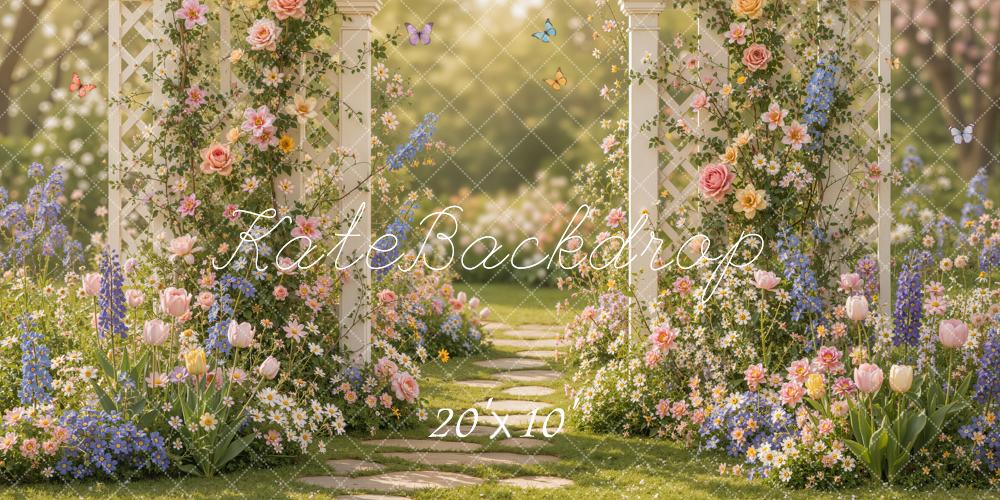 Kate Spring Romantic Flower Arch Garden Pathway Butterflies Printed Backdrop Designed by Emetselch