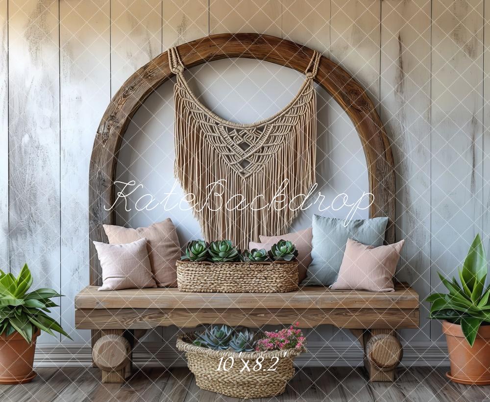 Kate Boho Macrame Wood Bench Backdrop Designed by Mini MakeBelieve