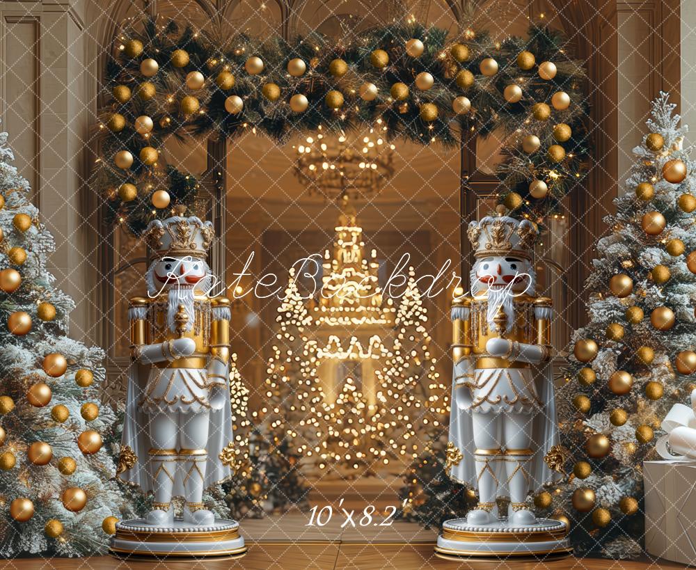 Kate Christmas Luxury Nutcracker Trees Gold Ornaments Garland Backdrop Designed by Mini MakeBelieve