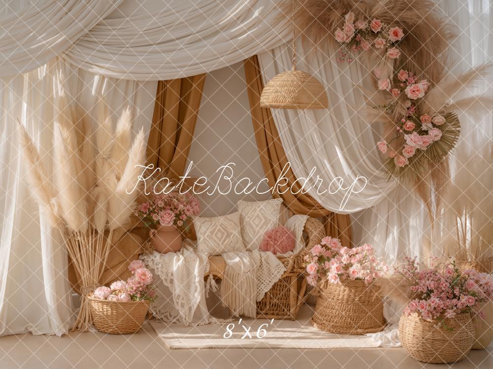 Kate Boho Pampas Grass Pink Flowers Wicker Sofa Printed Backdrop Designed by Emetselch