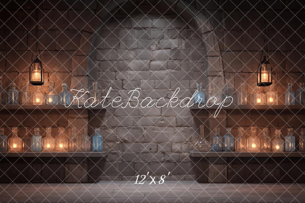 Kate Fantasy Magic Potion Stone Wall Arch Lanterns Bottles Shelves Printed Backdrop Designed by Angela Miller