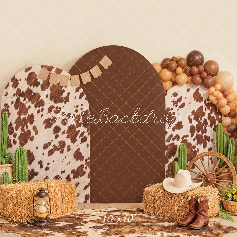 Kate Western Cow Print Cactus Hay Bales Wagon Wheel Boots Balloons Printed Backdrop Designed by Emetselch