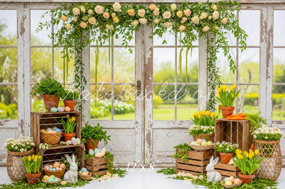 Kate Easter Bunny Eggs Flower Crates Rustic Window Backdrop Designed by Patty Roberts