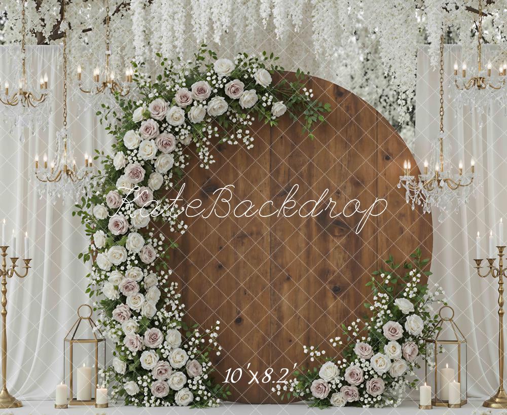 Kate Spring Circle Flower Arch Chandeliers Wood Curtains Backdrop Designed by Mini MakeBelieve