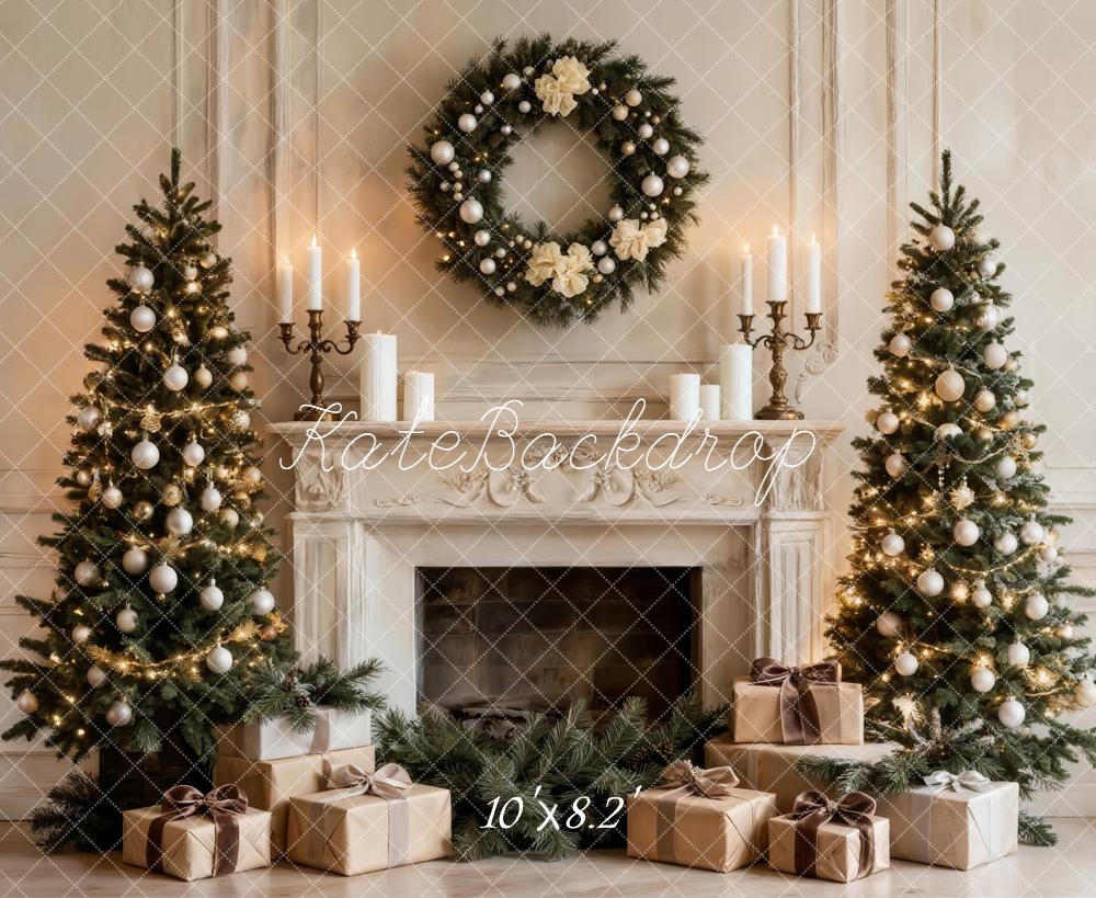Kate Christmas Trees Fireplace Wreath Gifts White Backdrop Designed by Emetselch