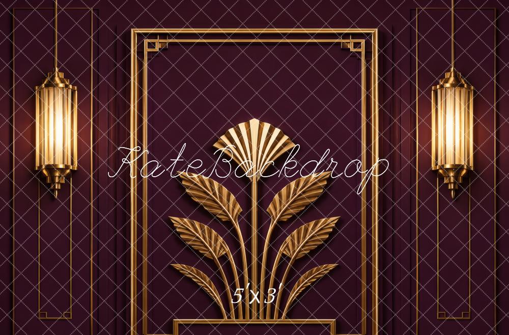 Kate 20's Retro Art Deco Gold Wall Sconces Burgundy Wall Printed Backdrop Designed by Vertigo Productions