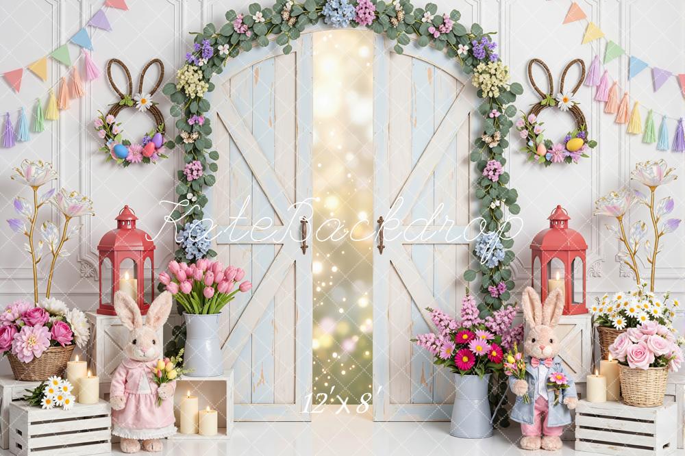 Kate Easter Bunny Flower Arch Pastel Barn Door Printed Backdrop Designed by Mini MakeBelieve