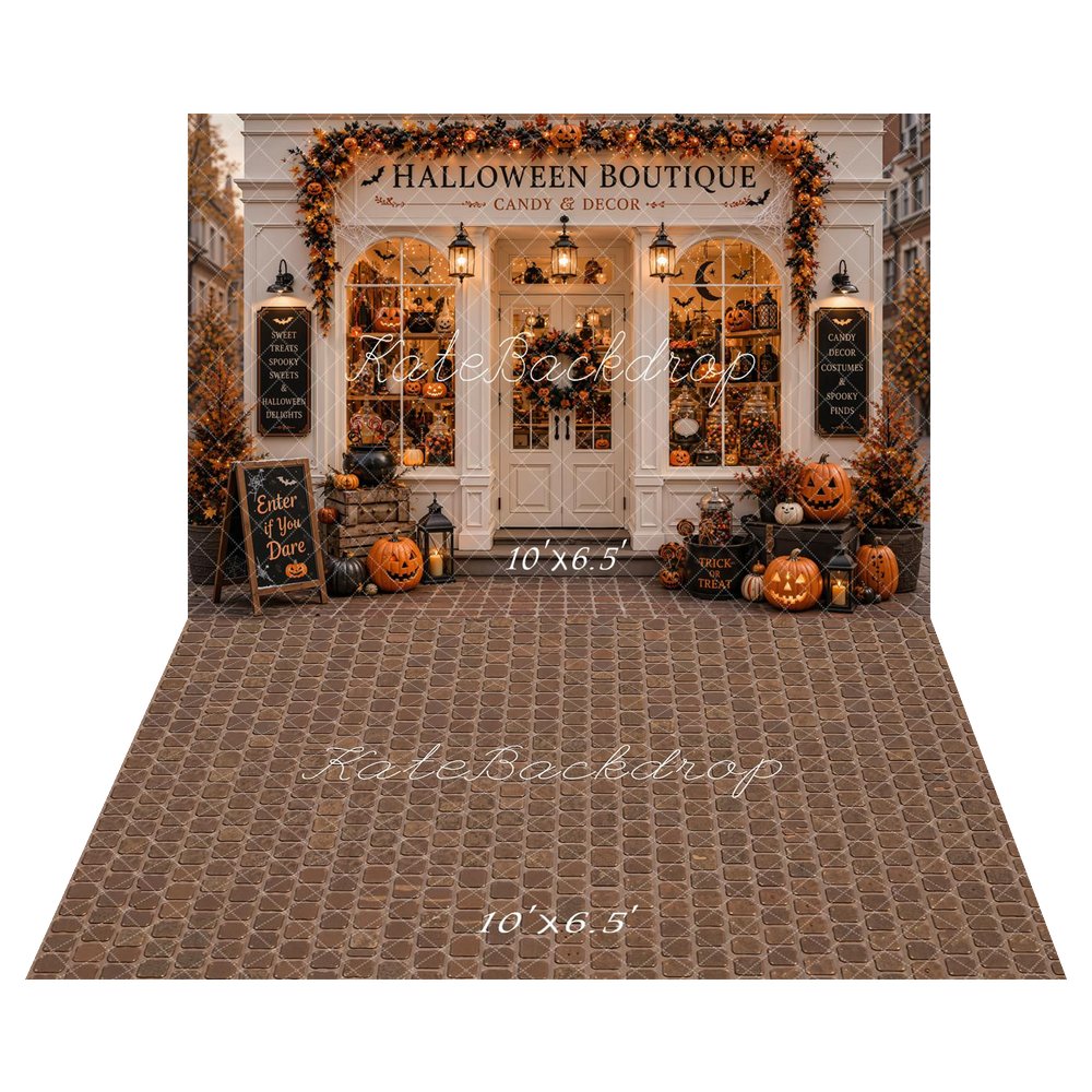 Kate Halloween Candy Boutique Pumpkin Storefront Garland Printed Backdrop+Brown Mosaic Tile Floor Printed Backdrop