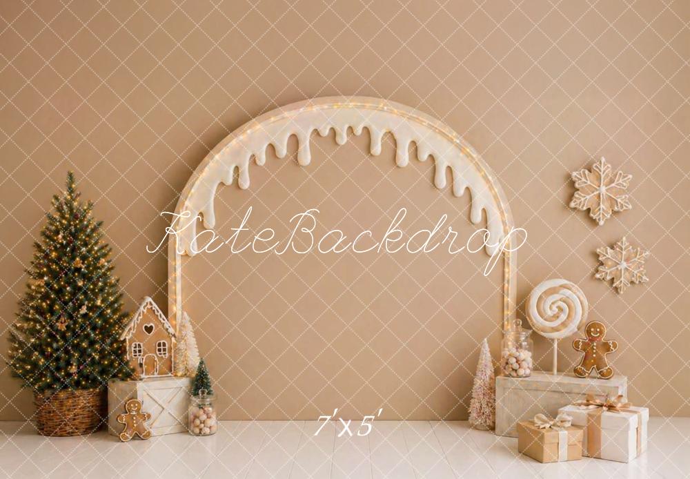Kate Christmas Headboard Gingerbread Arch Candy Tree Beige Printed Backdrop Designed by Caitlin Lynch