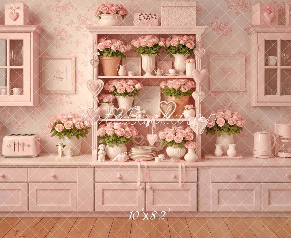 Kate Valentines Pink Kitchen Cabinet Roses Vases Heart Printed Backdrop Designed by Emetselch