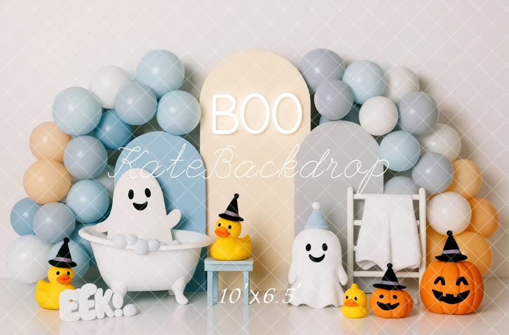 Kate Halloween Ghost Shower Bathtub Pastel Balloons Pumpkins Backdrop Designed by Patty Roberts