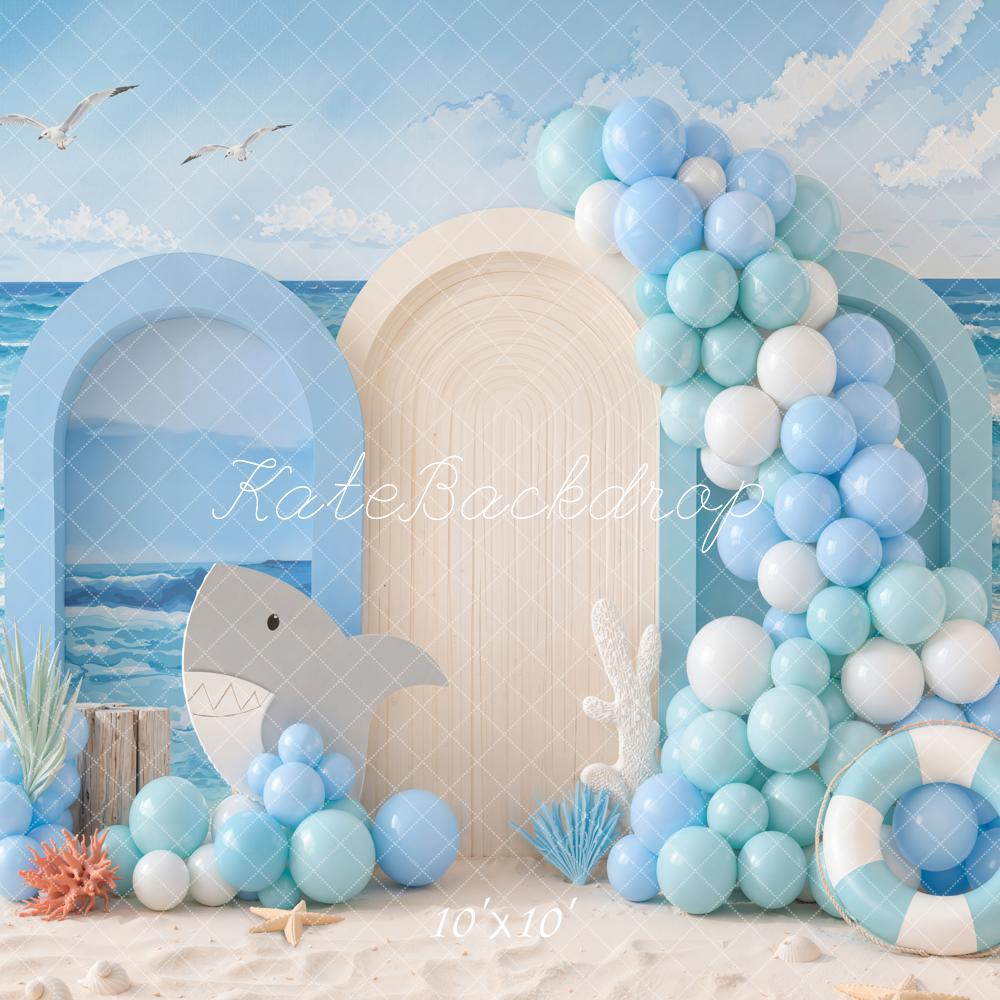 Kate Summer Birthday Ocean Shark Balloon Arch Beach Printed Backdrop Printed Backdrop Designed by Emetselch