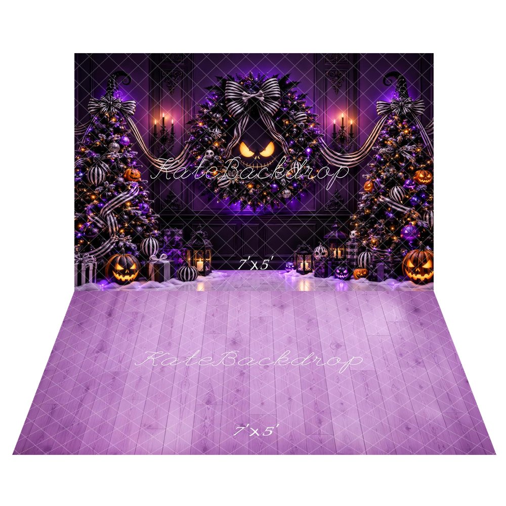Kate Halloween Purple Christmas Trees Jack O Lantern Wreath Printed Backdrop+Purple Wood Floor Printed Backdrop