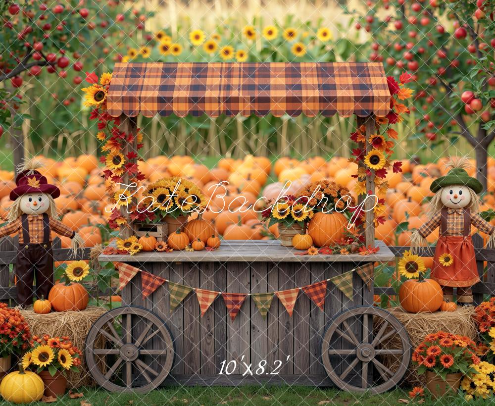 Kate Fall Pumpkin Stand Sunflower Scarecrow Field Printed Backdrop Designed by Mini MakeBelieve