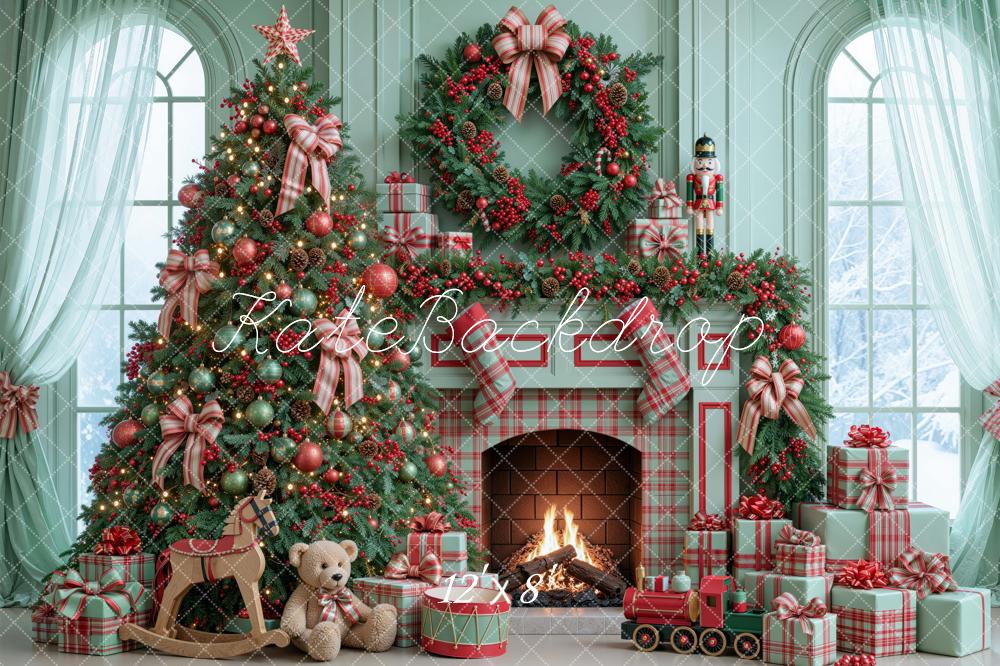 Kate Christmas Tree Fireplace Wreath Nutcracker Plaid Green Printed Backdrop Designed by Mini MakeBelieve