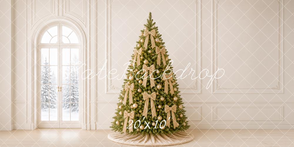 Kate Christmas Gold Bow Tree Elegant White Wall Printed Backdrop Designed by Emetselch