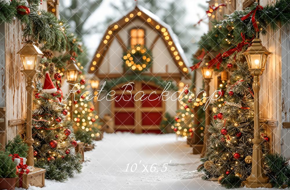 Kate Christmas Village Path Wreath Lanterns Pine Trees Backdrop Designed by Emetselch
