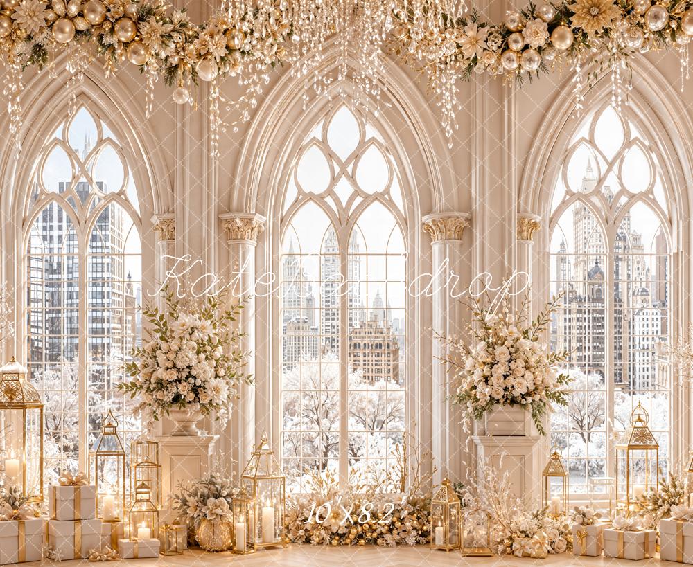 Kate Christmas Luxury White Floral Arched Windows Winter Cityscape Printed Backdrop Designed by Emetselch