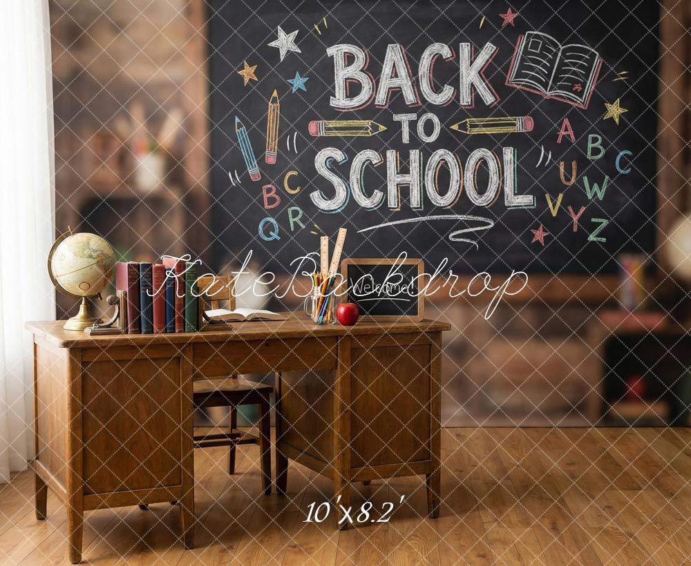 Kate Back to School Chalkboard Desk Globe Books Printed Backdrop Designed by Happy Squirrel Design