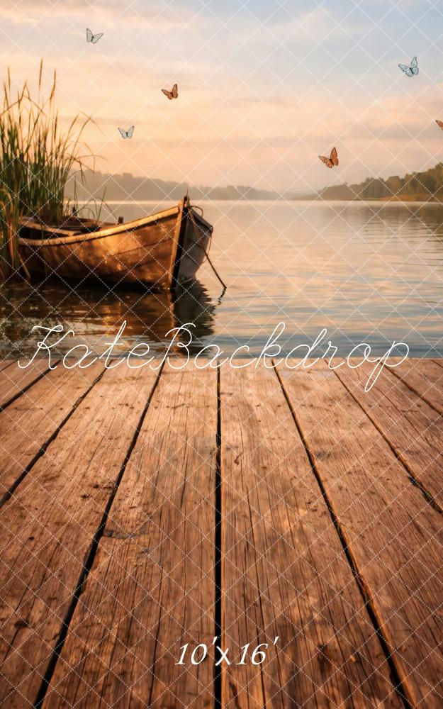 Kate Sweep Lakeside Dock Wooden Boat Butterflies Calm Water Printed Backdrop Designed by Vertigo Productions