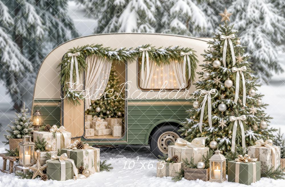 Kate Christmas Vintage Camper Tree Bows Snowy Forest Presents Printed Backdrop Designed by Emetselch
