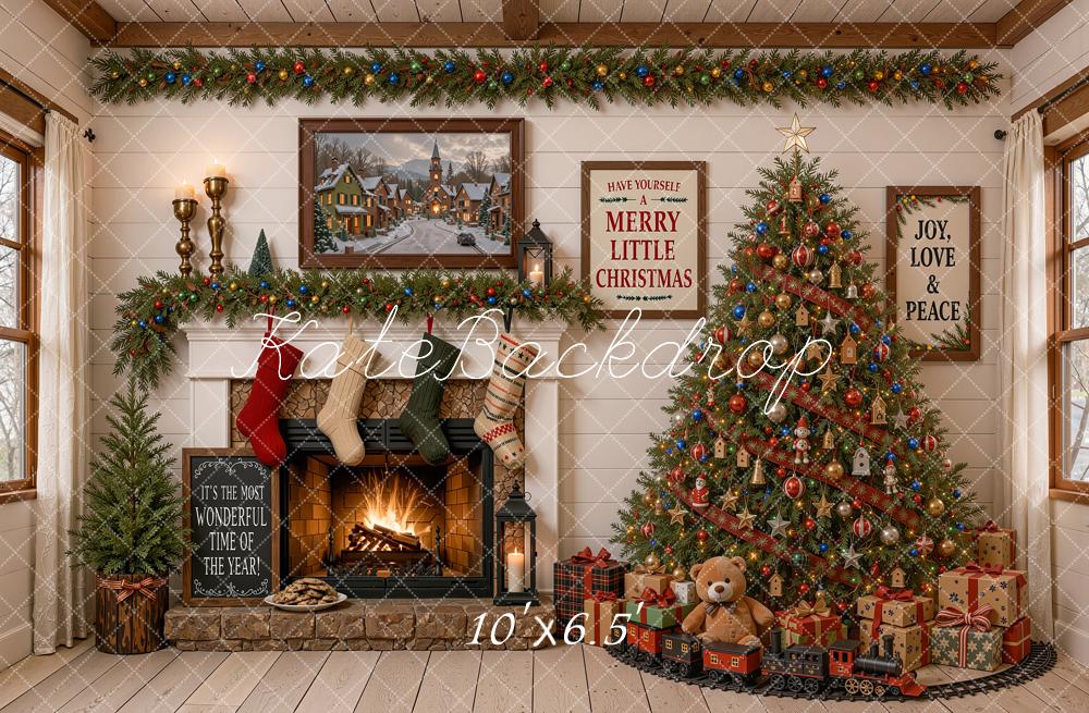Kate Christmas Fireplace Christmas Tree Toys Train Rustic Printed Backdrop Designed by Shutter Swan Studios
