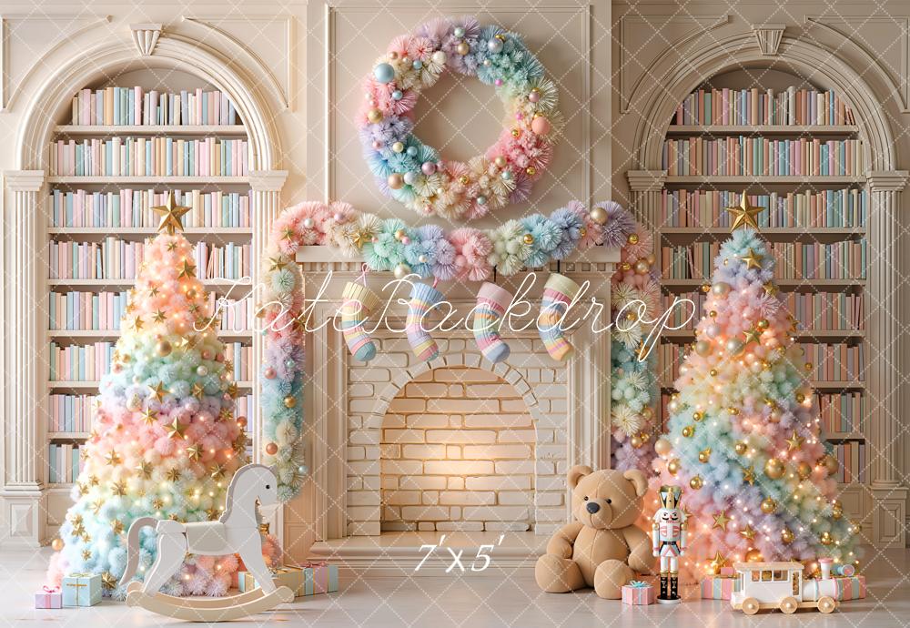 Kate Christmas Trees Pastel Colorful Fireplace Wreath Library Printed Backdrop Designed by Emetselch