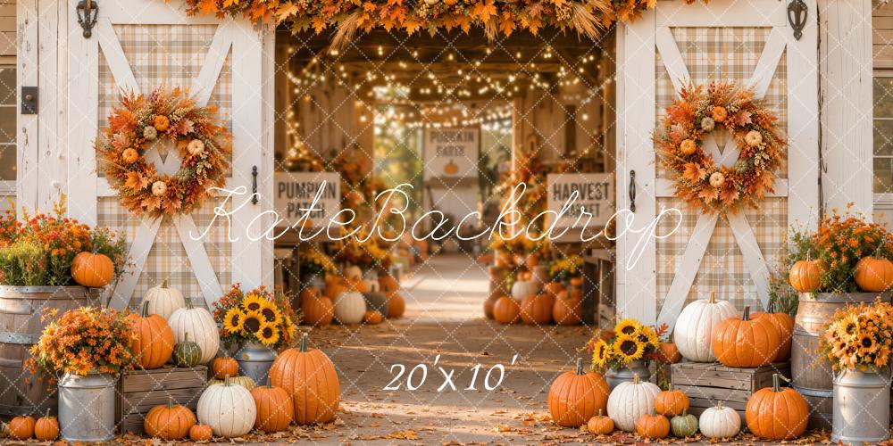 Kate Fall White Barn Pumpkin Harvest Wreath Printed Backdrop Designed by Emetselch