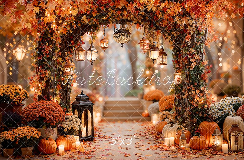 Kate Fall Maple Leaves Arch Pumpkins Lanterns Stairs Backdrop Designed by Emetselch