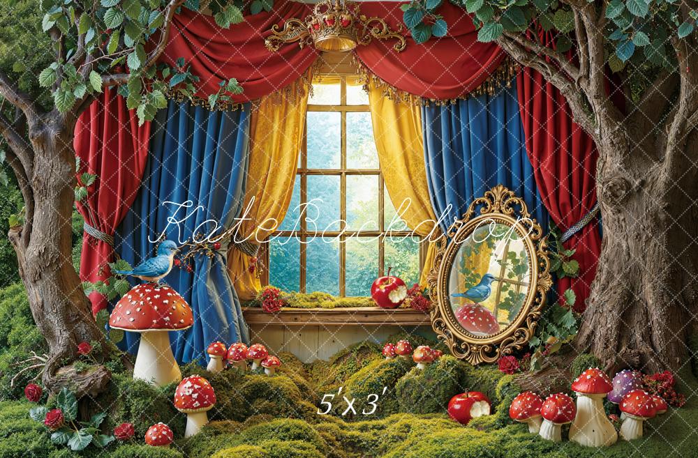Kate Fairy Fantasy Forest Red Blue Yellow Curtains Mushroom Window Mirror Backdrop Designed by Emetselch