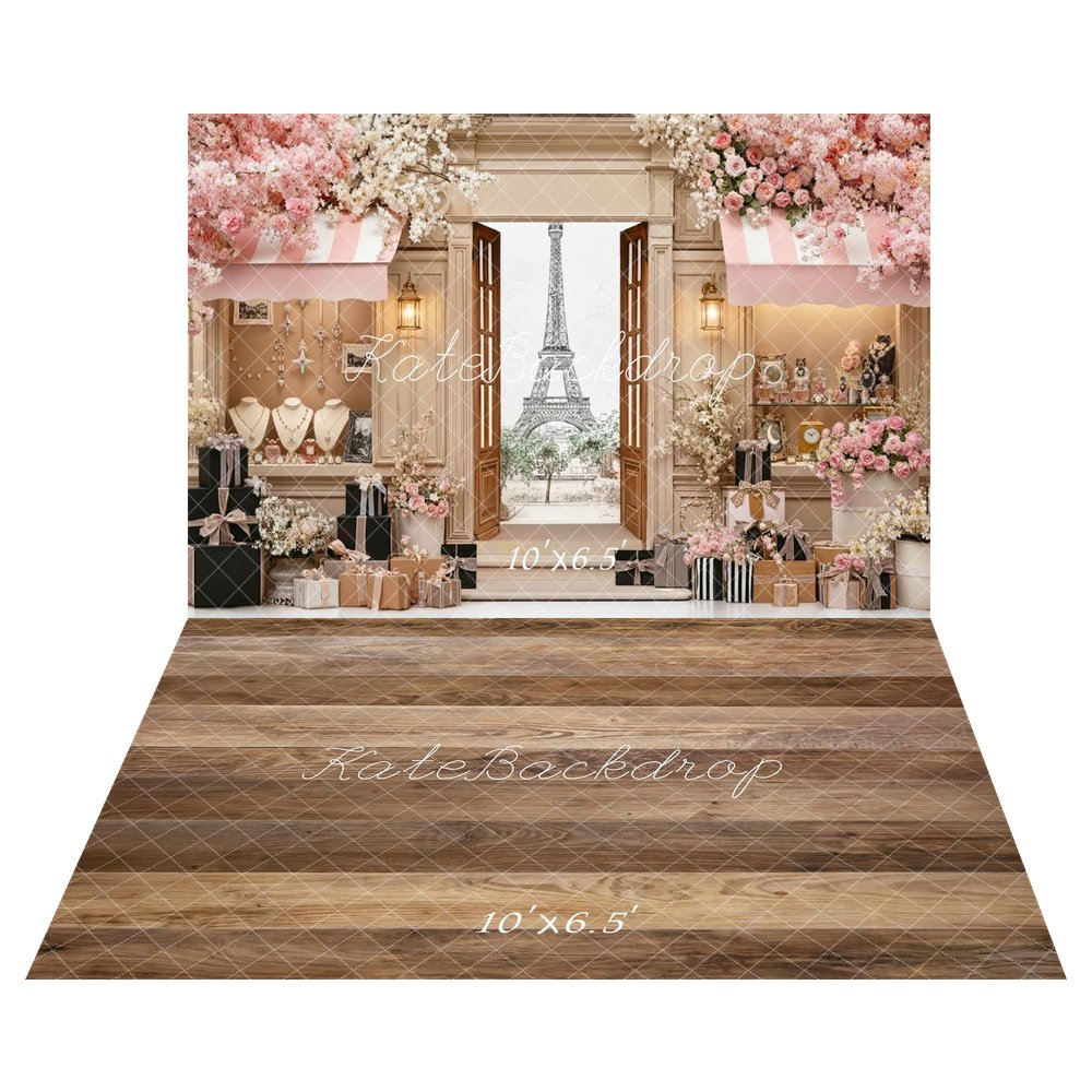 Kate Spring Pink Flower Paris Boutique Gift Boxes Eiffel Tower Backdrop+Brown Wood Plank Floor Backdrop