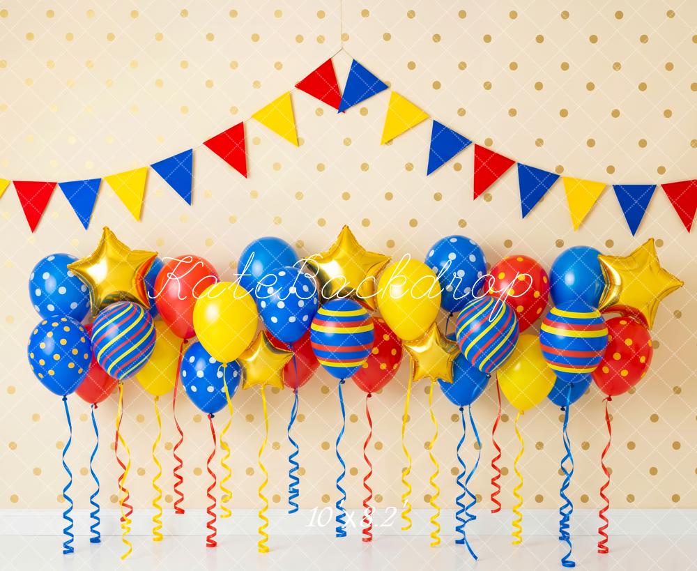 Kate Birthday Colorful Balloons Gold Stars Polka Dot Wall Pennant Garland Printed Backdrop Designed by Patty Roberts