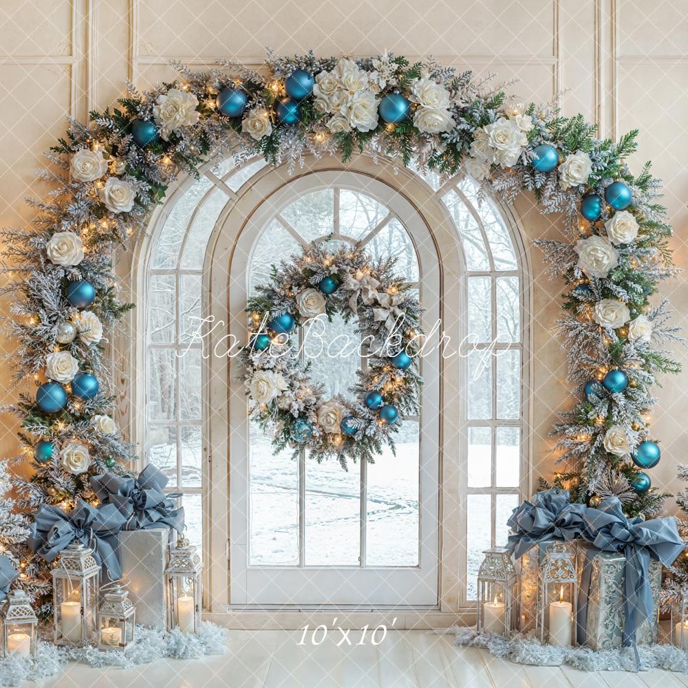 Kate Christmas Tree Arch Wreath Blue Ornaments Snowy Backdrop Designed by Emetselch