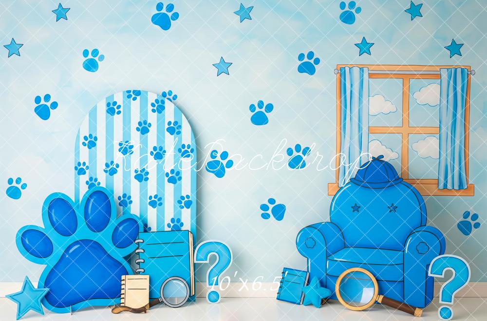 Kate Cake Smash Blue Paw Print Stars Chair Window Printed Backdrop Designed by Patty Roberts