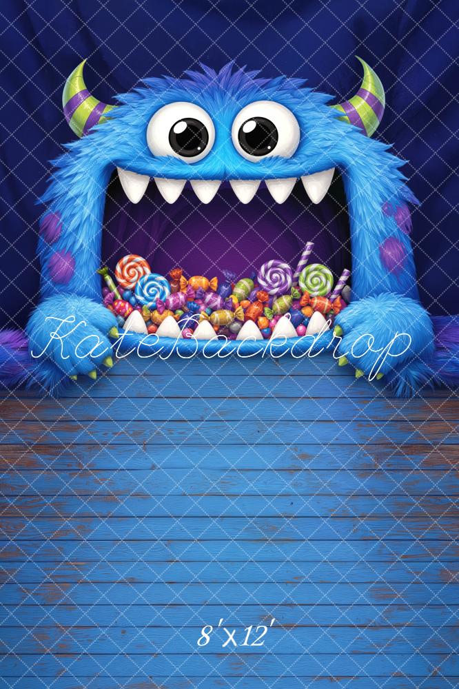Kate Halloween Trunk or Treat Blue Furry Monster Candy Printed Backdrop Designed by Mini MakeBelieve