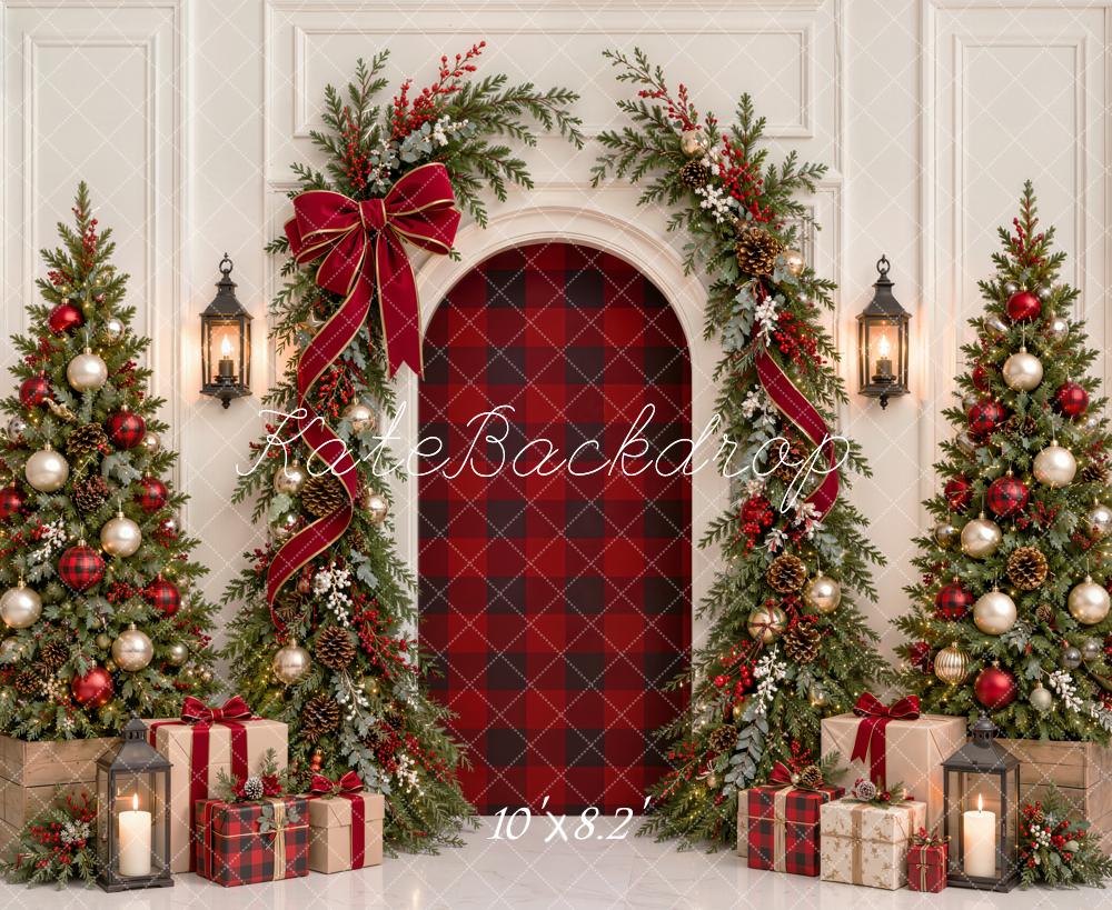 Kate Christmas Trees Arch Plaid Red Ribbon Garland Gifts Printed Backdrop Designed by Emetselch