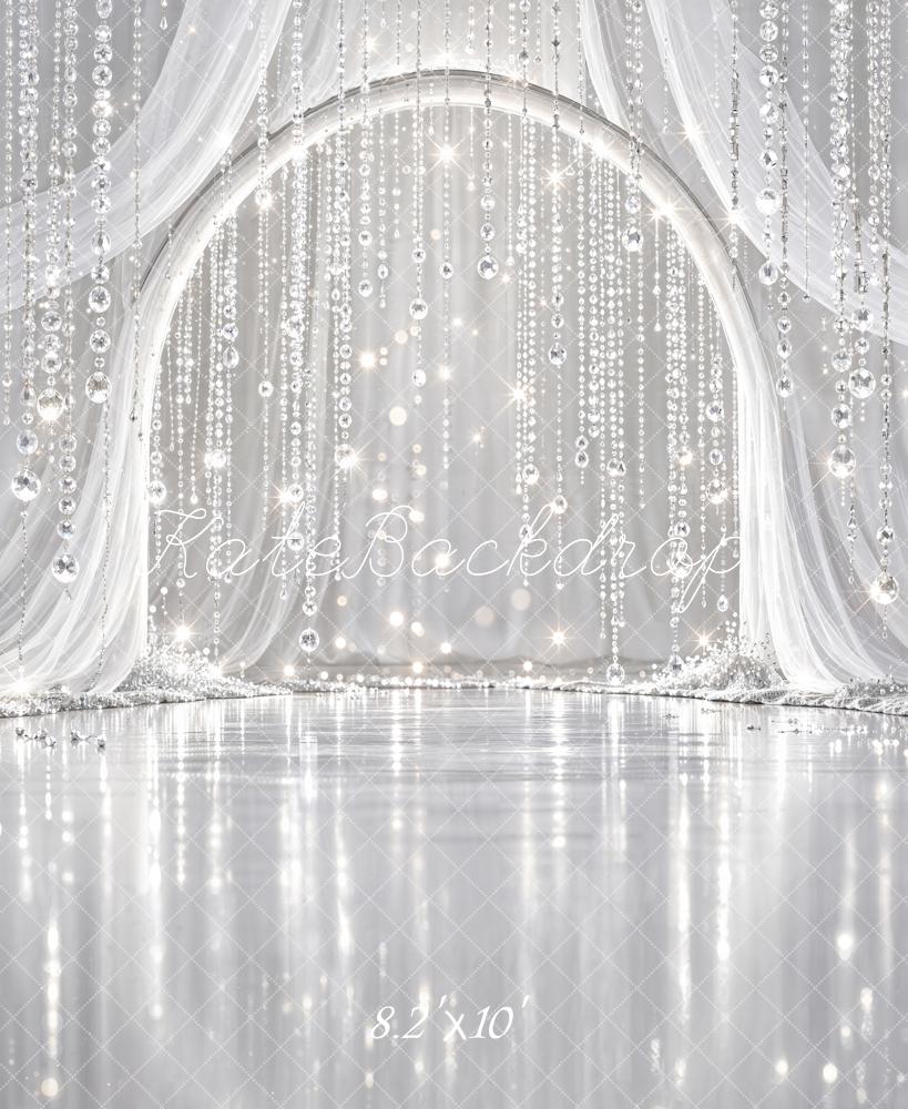 Kate Glamorous Crystal Bead Arch Silver Sheer Drapes Printed Backdrop Designed by Chain Photography