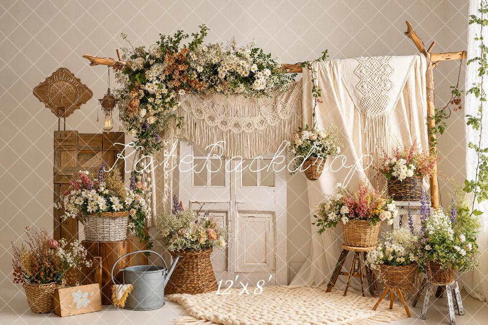 Kate Boho Flower Arch Macrame Wicker Baskets Neutral Printed Backdrop Designed by Emetselch