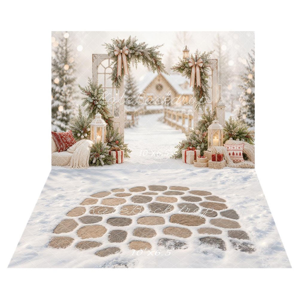 Kate Christmas Greenery Arch Lanterns Snowy Village Printed Backdrop+Winter White Snowy Cobblestone Floor Printed Backdrop