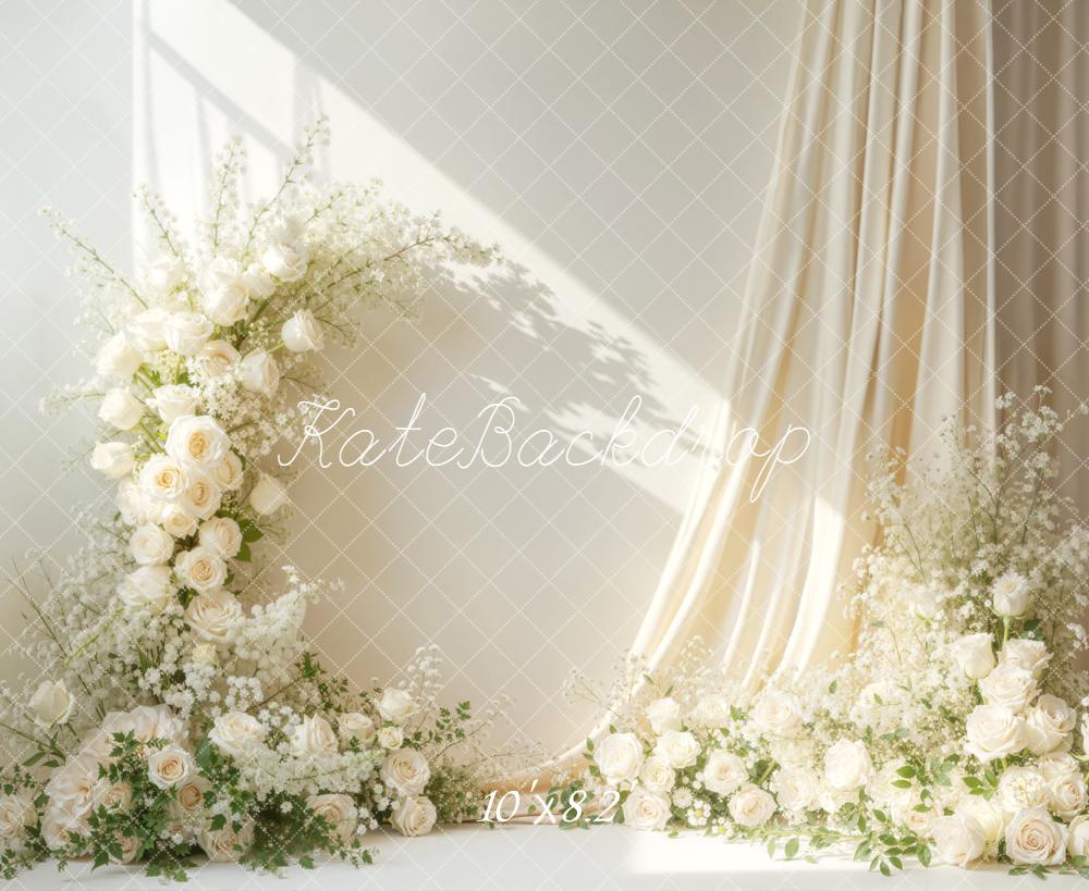 Kate Boho White Flower Arch Cream Roses Drapes Backdrop Designed by Emetselch