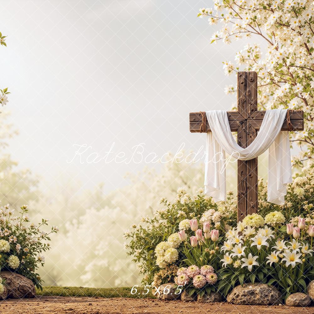 Kate Easter Cross Floral Garden Draped Fabric Printed Backdrop Designed by Shutter Swan Studios
