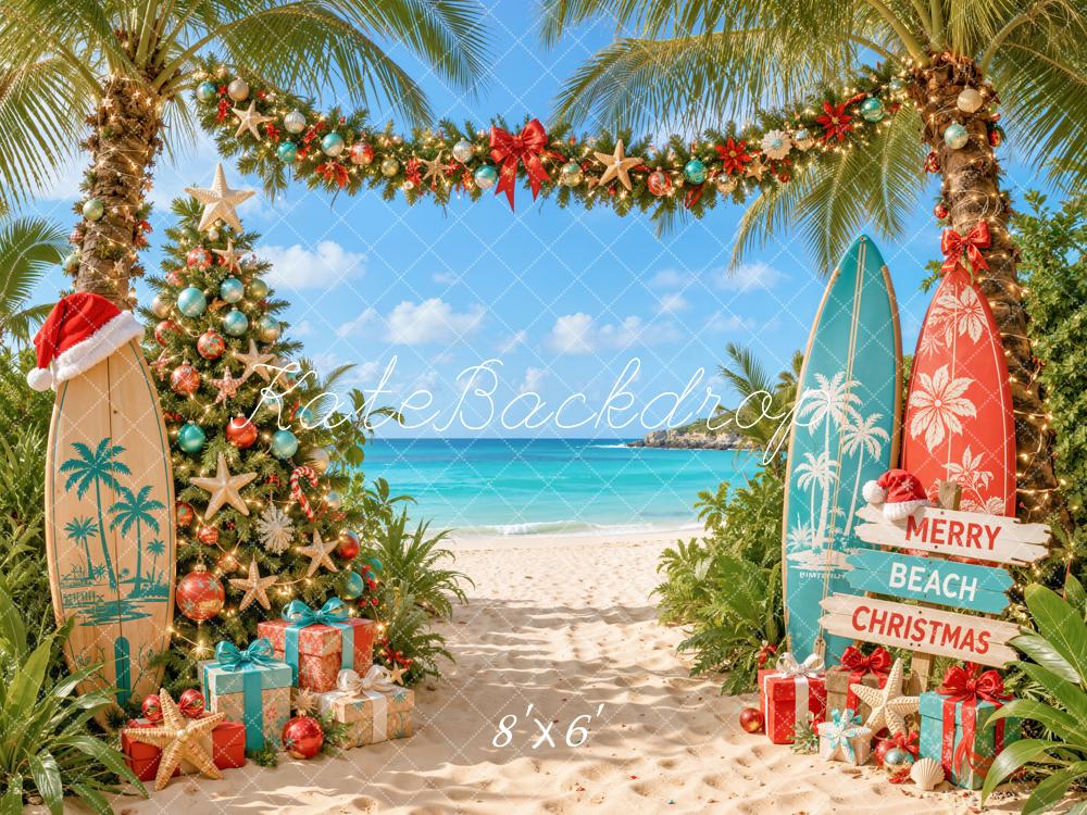Kate Christmas Beach Surfboards Palm Trees Printed Backdrop Designed by Emetselch