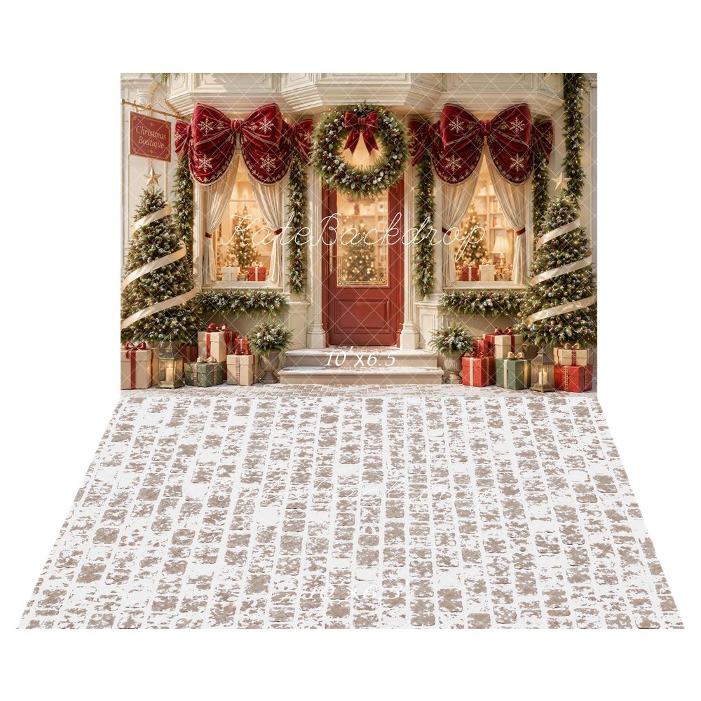Kate Christmas Boutique Doorway Red Bow Wreath Garland Gift Boxes Printed Backdrop+Beige Cobblestone Snowy Floor Printed Backdrop