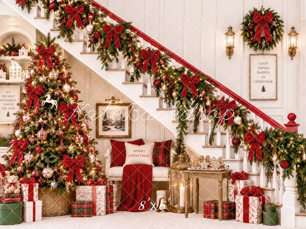 Kate Christmas Staircase Tree Garland Wreath Gifts Printed Backdrop Designed by Patty Roberts