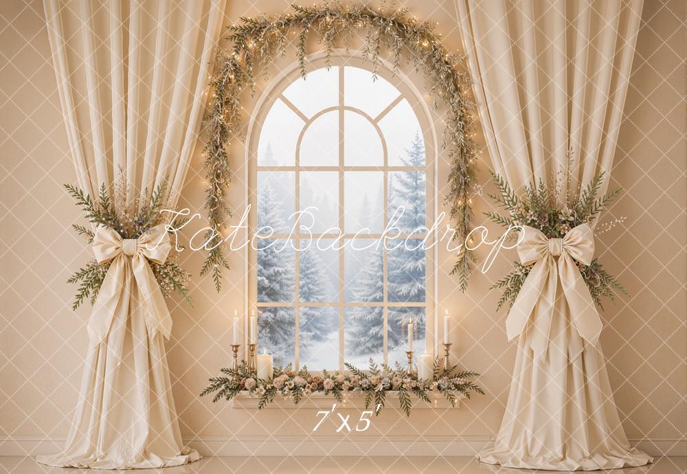 Kate Christmas Beige Drapes Flower Arch Window Printed Backdrop Designed by Emetselch