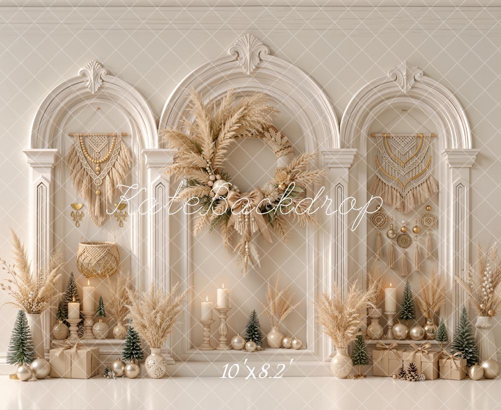 Kate Boho Arched Wall Christmas Tree Pampas Wreath Decor Printed Backdrop Designed by Emetselch